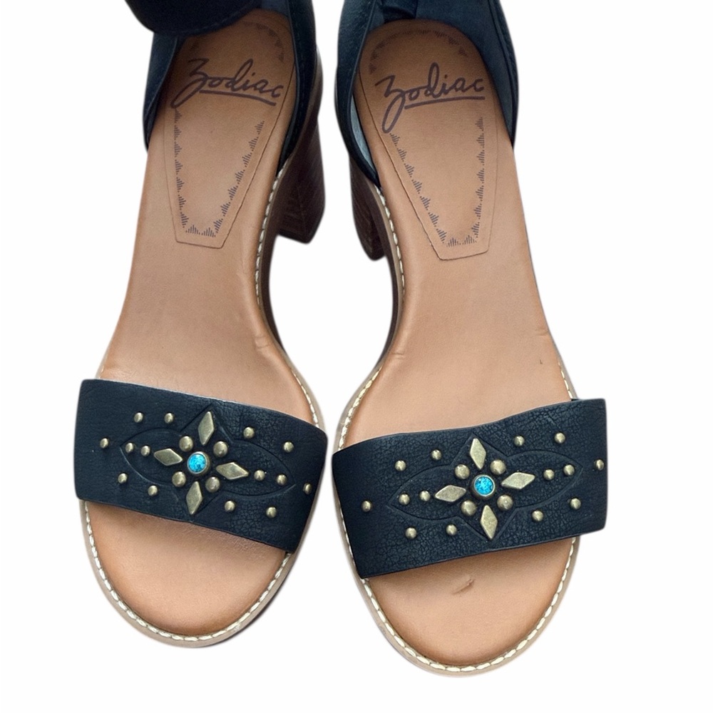 Black Leather Boho Festival Western Ankle Strap Heels - Picture 6 of 6